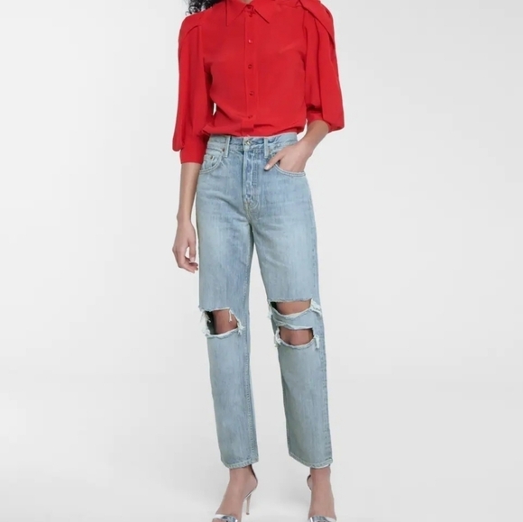 GRLFRND Isabeli Busted Knee Relaxed Tapered Jeans Size 23 W 26" - Picture 1 of 9